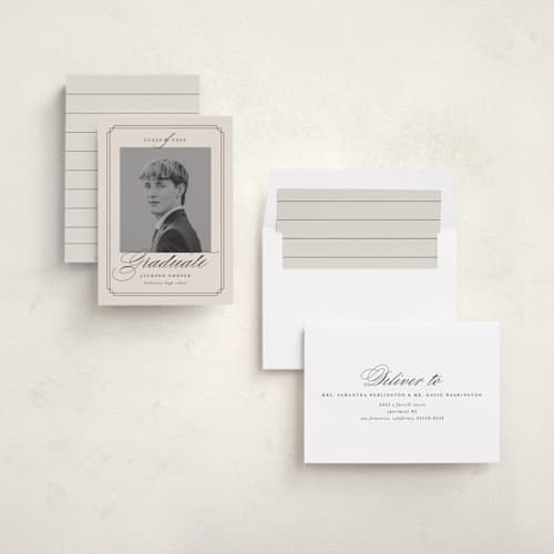 This is a taupe graduation announcements with standard by Ashley Iwafuchi called refined grad printing on recycled smooth signature in standard