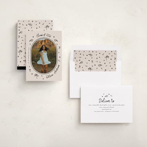 This is a onyx graduation announcements with standard by Ashley Iwafuchi called illustrated grad printing on recycled smooth signature in standard