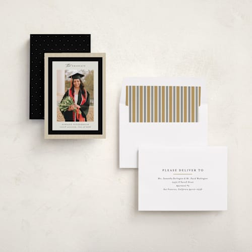 This is a noir graduation announcements with standard by Jackie Crawford called modern striped frame printing on recycled smooth signature in standard