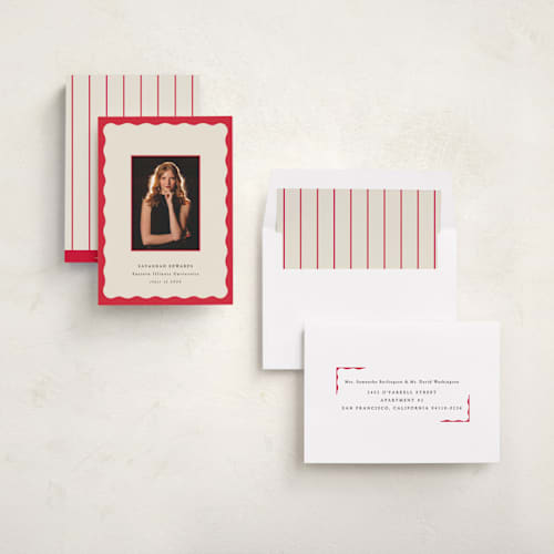 This is a crimson graduation announcements with standard by Baumbirdy called decorative frame printing on recycled smooth signature in standard