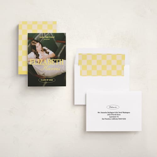 This is a butter graduation announcements with standard by Helena Vitto called good times co. printing on recycled smooth signature in standard