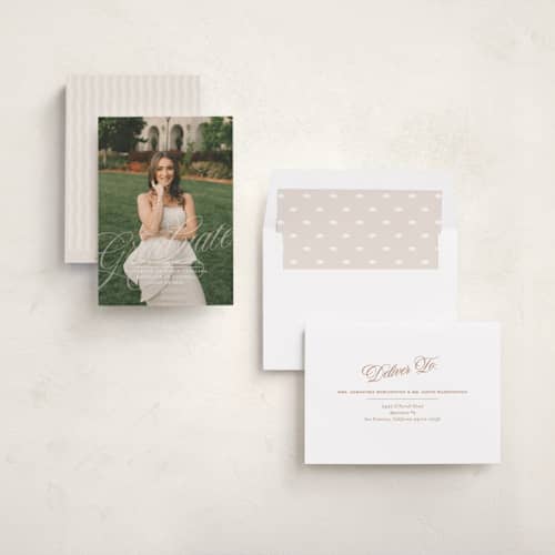 This is a pearl graduation announcements with standard by Paper Raven Co. called savannah script printing on recycled smooth signature in standard