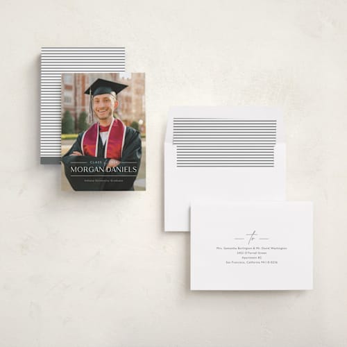 This is a eggshell graduation announcements with standard by Carolyn MacLaren called grad in overlay printing on recycled smooth signature in standard