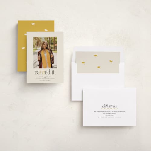 This is a marigold graduation announcements with standard by Louise Kay called earned it printing on recycled smooth signature in standard