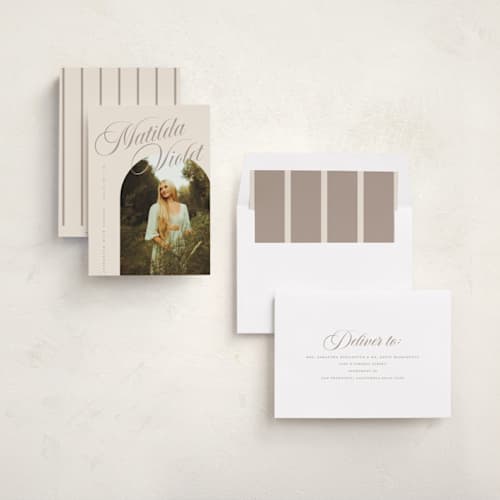 This is a almond graduation announcements with standard by Morgan Kendall called modern curves printing on recycled smooth signature in standard