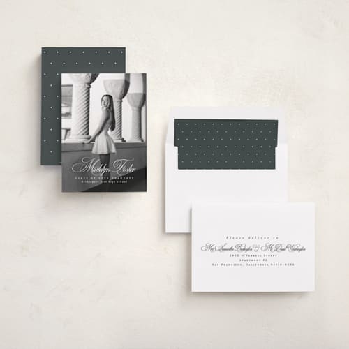 This is a salt graduation announcements with standard by Lea Delaveris called with a flourish printing on recycled smooth signature in standard