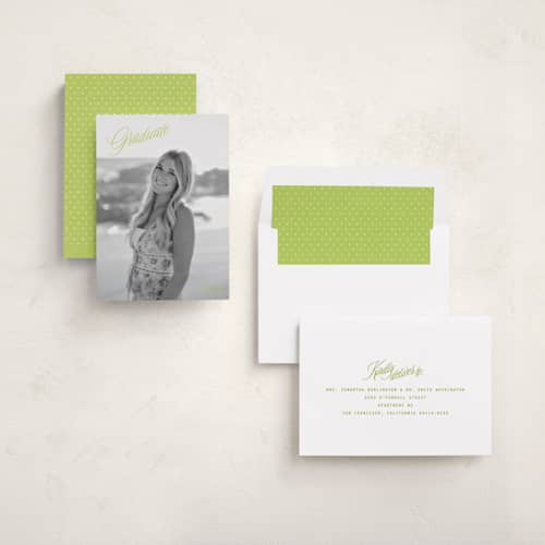 This is a lime graduation announcements with standard by JoAnn Jinks called neon vintage printing on recycled smooth signature in standard