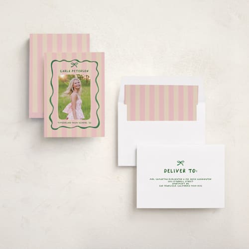 This is a raspberry matcha graduation announcements with standard by Vera Lim called whimsical stripes printing on recycled smooth signature in standard
