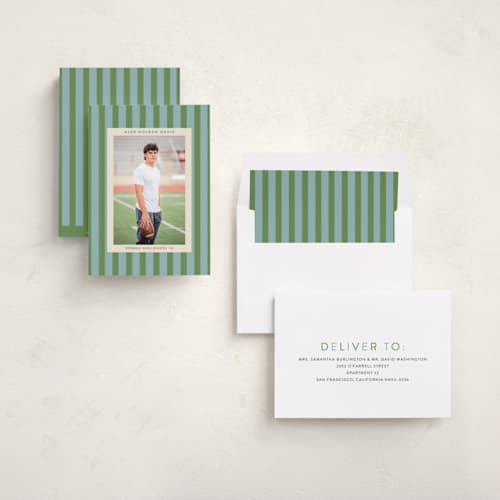 This is a seaside graduation announcements with standard by Morgan Kendall called preppy stripes printing on recycled smooth signature in standard