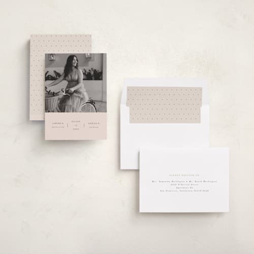 This is a champagne graduation announcements with standard by lori jacobs wemple called simplicty printing on recycled smooth signature in standard