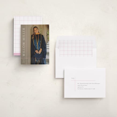 This is a blush graduation announcements with standard by Lauren Chism called grids printing on recycled smooth signature in standard