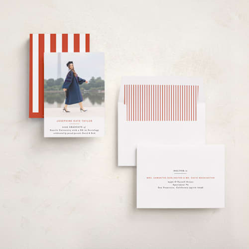 This is a tangerine graduation announcements with standard by Alethea and Ruth called simply stated printing on recycled smooth signature in standard