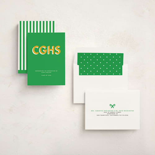 This is a grass graduation announcements with standard by mo kelley called bold initials printing on signature in standard