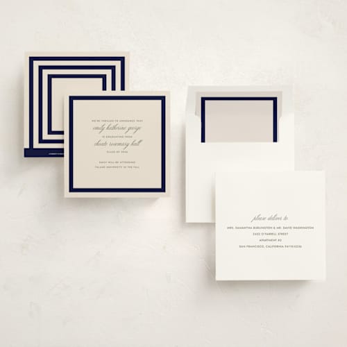 This is a navy graduation announcements with standard by Megan Davis called montauk printing on signature in standard