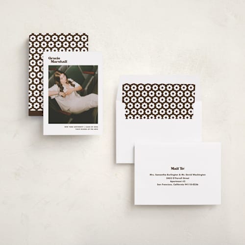 This is a espresso graduation announcements with standard by Megan Davis called vinyl printing on recycled smooth signature in standard