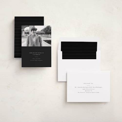 This is a noir graduation announcements with standard by Meggy Masters called distinguished printing on recycled smooth signature in standard