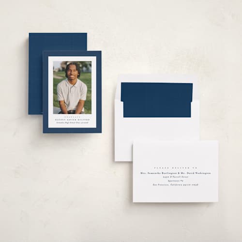 This is a jeans graduation announcements with standard by Lea Delaveris called linen frame printing on recycled smooth signature in standard