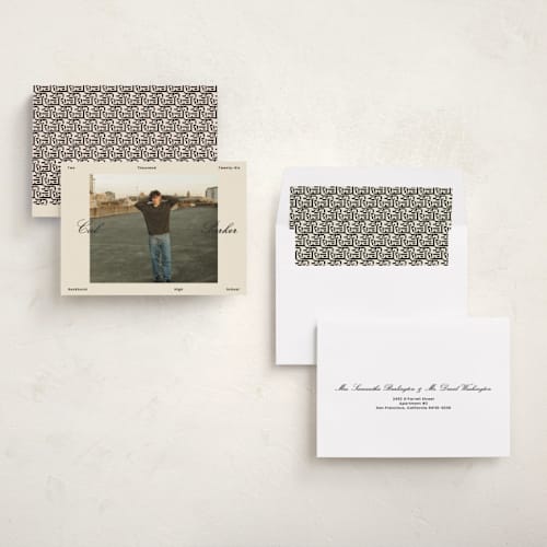 This is a sand graduation announcements with standard by Rachel Cassel called perfectly scripted printing on recycled smooth signature in standard