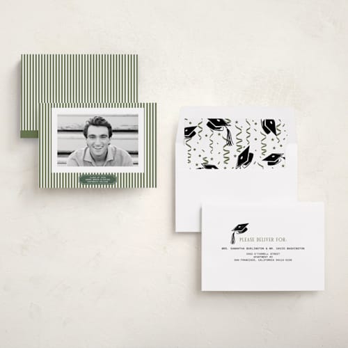 This is a pine graduation announcements with standard by Sherley Ferreira called stripes of success printing on recycled smooth signature in standard