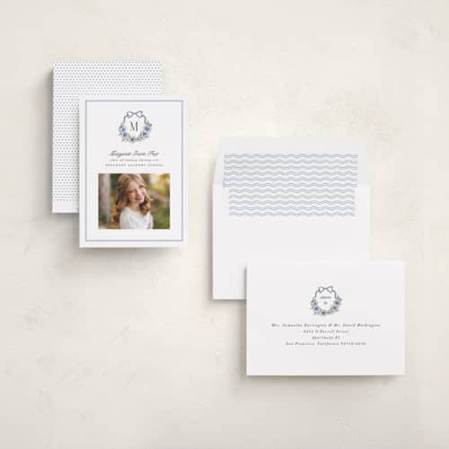 This is a cornflower graduation announcements with standard by Laura Hankins called floral crest printing on recycled smooth signature in standard