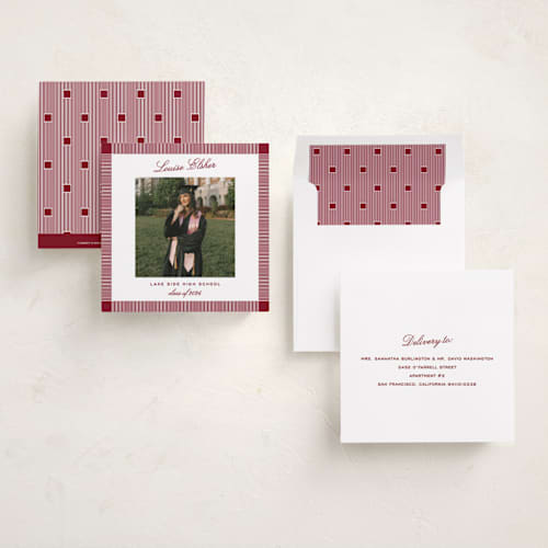 This is a crimson graduation announcements with standard by Pati Cascino called boxy printing on recycled smooth signature in standard