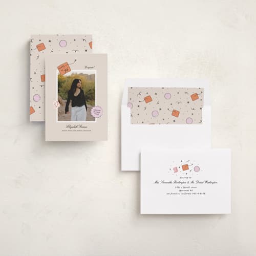 This is a apricot graduation announcements with standard by Ashley Iwafuchi called grad vibes printing on recycled smooth signature in standard