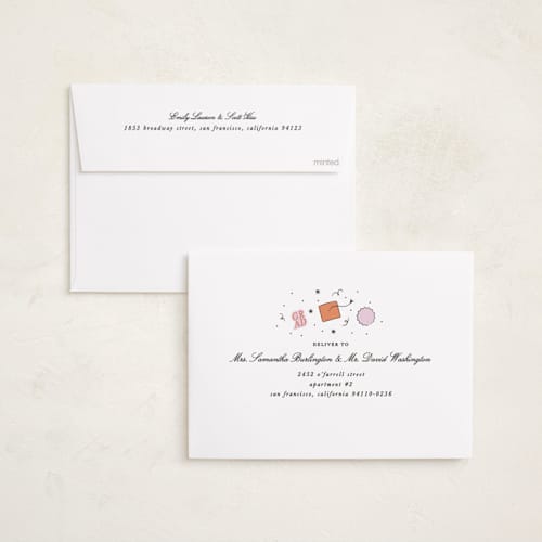 This is a apricot graduation announcements with standard by Ashley Iwafuchi called grad vibes printing on recycled smooth signature in standard