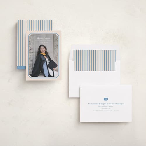 This is a robins egg graduation announcements with standard by Carolyn MacLaren called angled frame printing on recycled smooth signature in standard