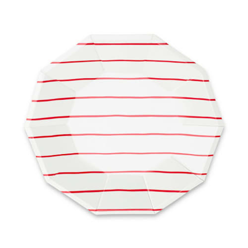 This is a red party decorations by Jollity and Co called candy apple frenchie stripes large plates in standard