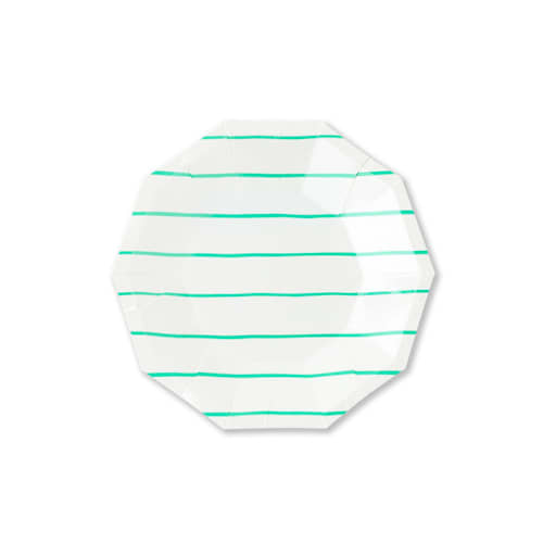 This is a green party decorations by Jollity and Co called clover frenchie stripes small plates in standard