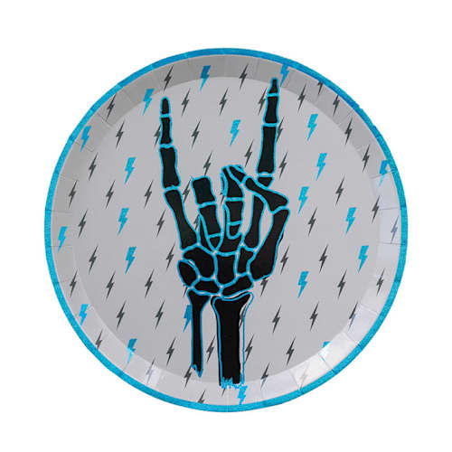 This is a blue party decorations by Jollity and Co called rock on skeleton dinner plates- set of 8 in standard