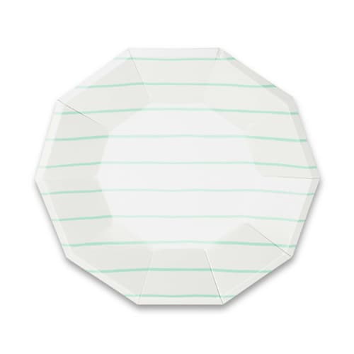 This is a green party decorations by Jollity and Co called mint frenchie stripes large plates in standard