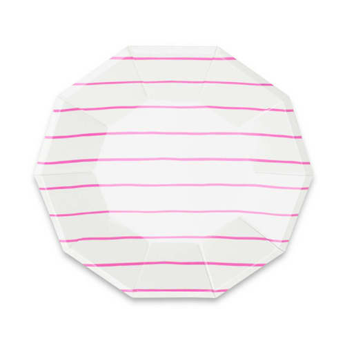 This is a pink party decorations by Jollity and Co called cerise frenchie stripes large plates in standard