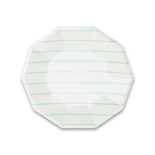 This is a green party decorations by Jollity and Co called mint frenchie stripes small plates in standard