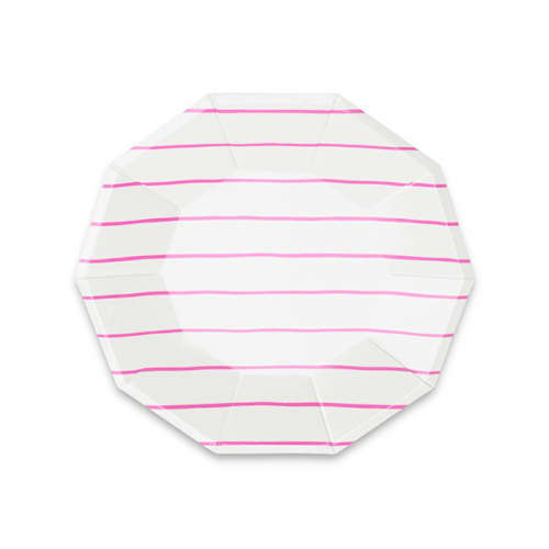 This is a pink party decorations by Jollity and Co called cerise frenchie stripes small plates in standard