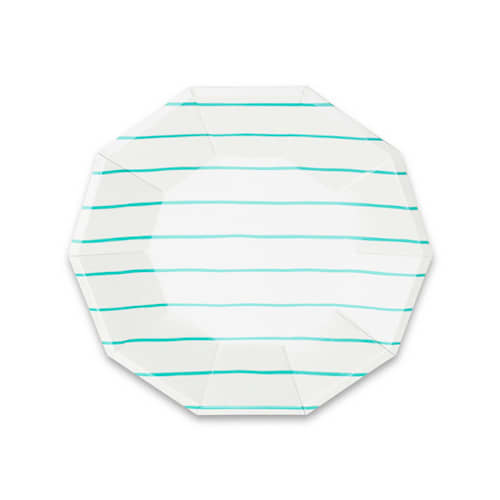 This is a blue party decorations by Jollity and Co called aqua frenchie stripes small plates in standard