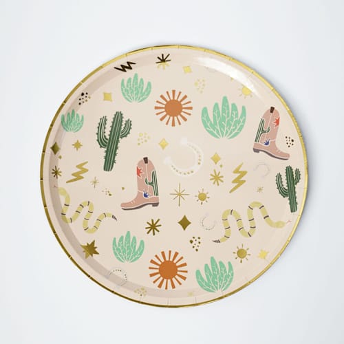 This is a multicolor party decorations by POP Party Supplies called western dinner plates in standard