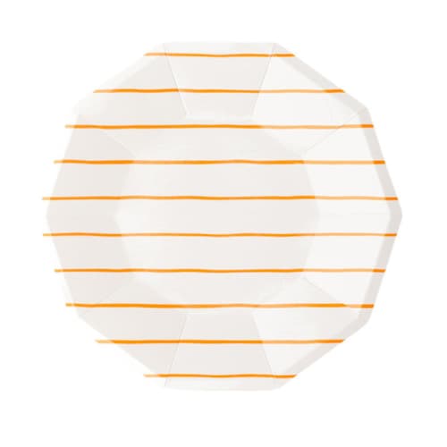 This is a orange party decorations by Jollity and Co called clementine frenchie striped small plates in standard