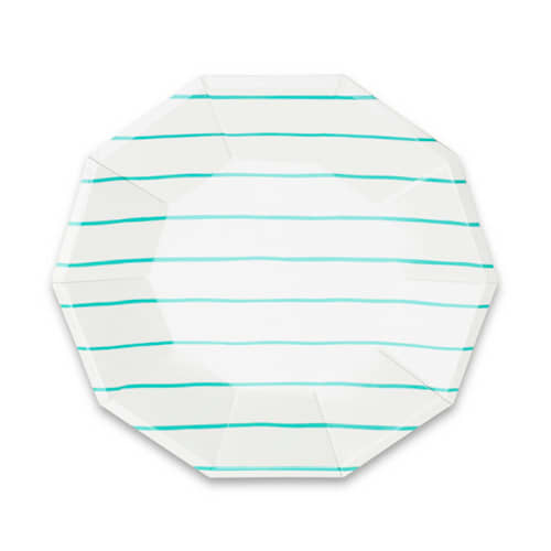 This is a blue party decorations by Jollity and Co called aqua frenchie stripes large plates in standard