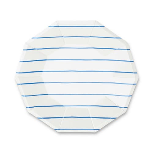 This is a blue party decorations by Jollity and Co called cobalt frenchie stripes large plates in standard
