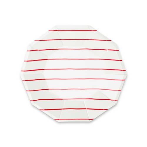 This is a red party decorations by Jollity and Co called candy apple frenchie stripes small plates in standard