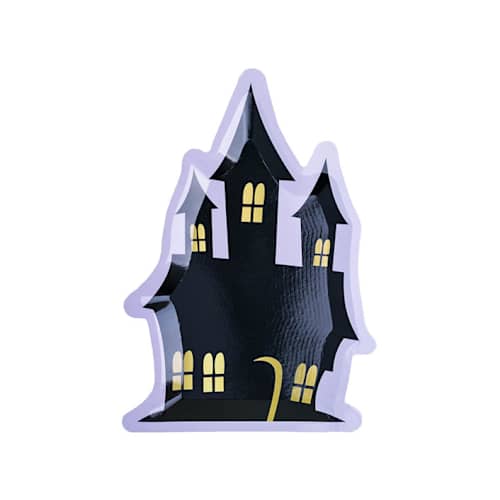 This is a purple party decorations by Jollity and Co called haunted house dessert plates - set of 8 in standard