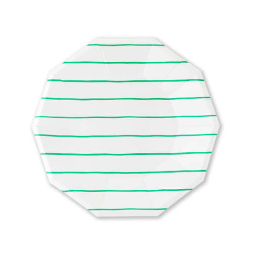 This is a green party decorations by Jollity and Co called clover frenchie stripes large plates in standard