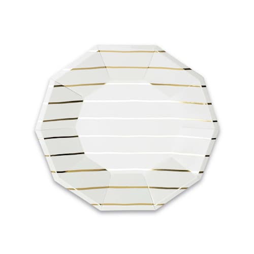 This is a gold party decorations by Jollity and Co called gold metallic frenchie stripes small plates in standard