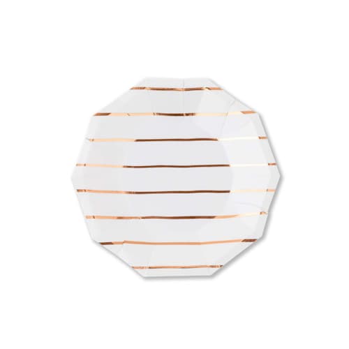 This is a copper party decorations by Jollity and Co called rose gold frenchie stripes small plates in standard