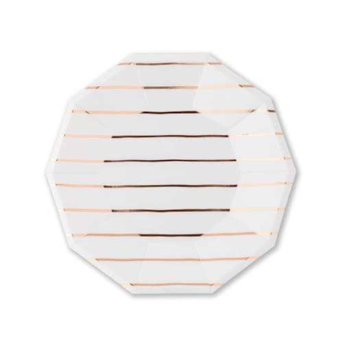 This is a copper party decorations by Jollity and Co called rose gold frenchie stripes large plates in standard