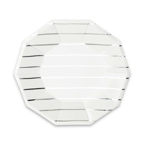 This is a silver party decorations by Jollity and Co called silver metallic frenchie stripes large plates in standard