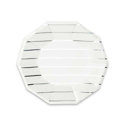 This is a silver party decorations by Jollity and Co called silver metallic frenchie stripes small plates in standard