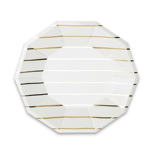 This is a gold party decorations by Jollity and Co called gold metallic frenchie stripes large plates in standard