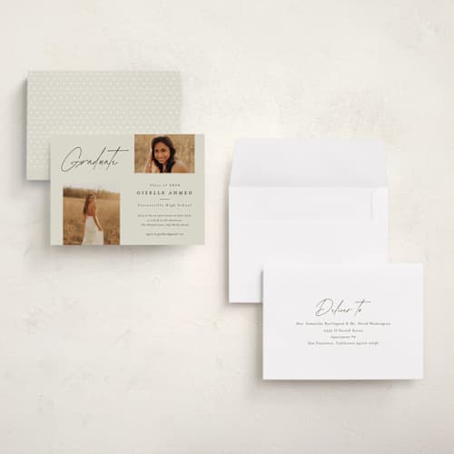 This is a bone graduation invitations with standard by Stacey Meacham called duo printing on signature in petite
